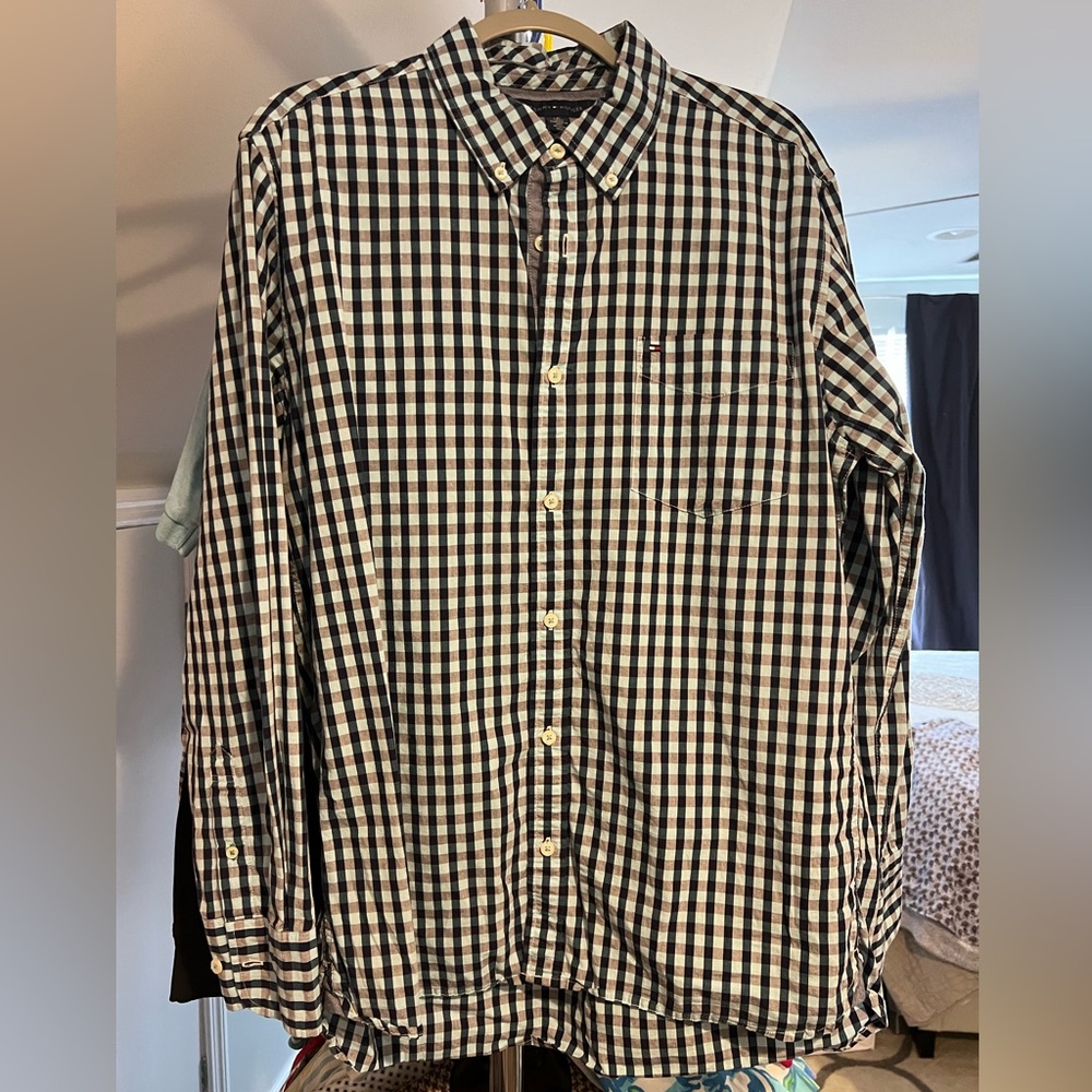 tommy hilfiger aqua navy gingham button up mens shirt